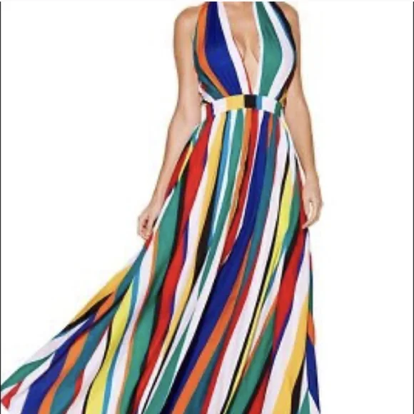 BOSTON PROPER sz 2 Pleated Wild Halter Maxi Sundress Multi - Picture 3 of 15